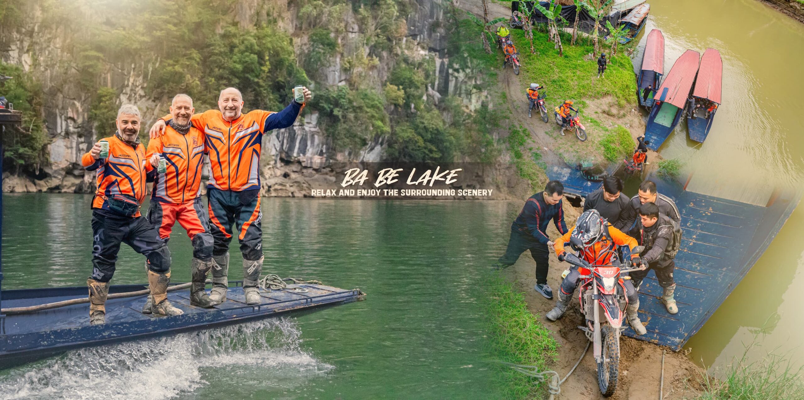 Transporting motorbikes on a local boat crossing Ba Be Lake - VietnamBikers - Motorbike Tour VietnamBikers
